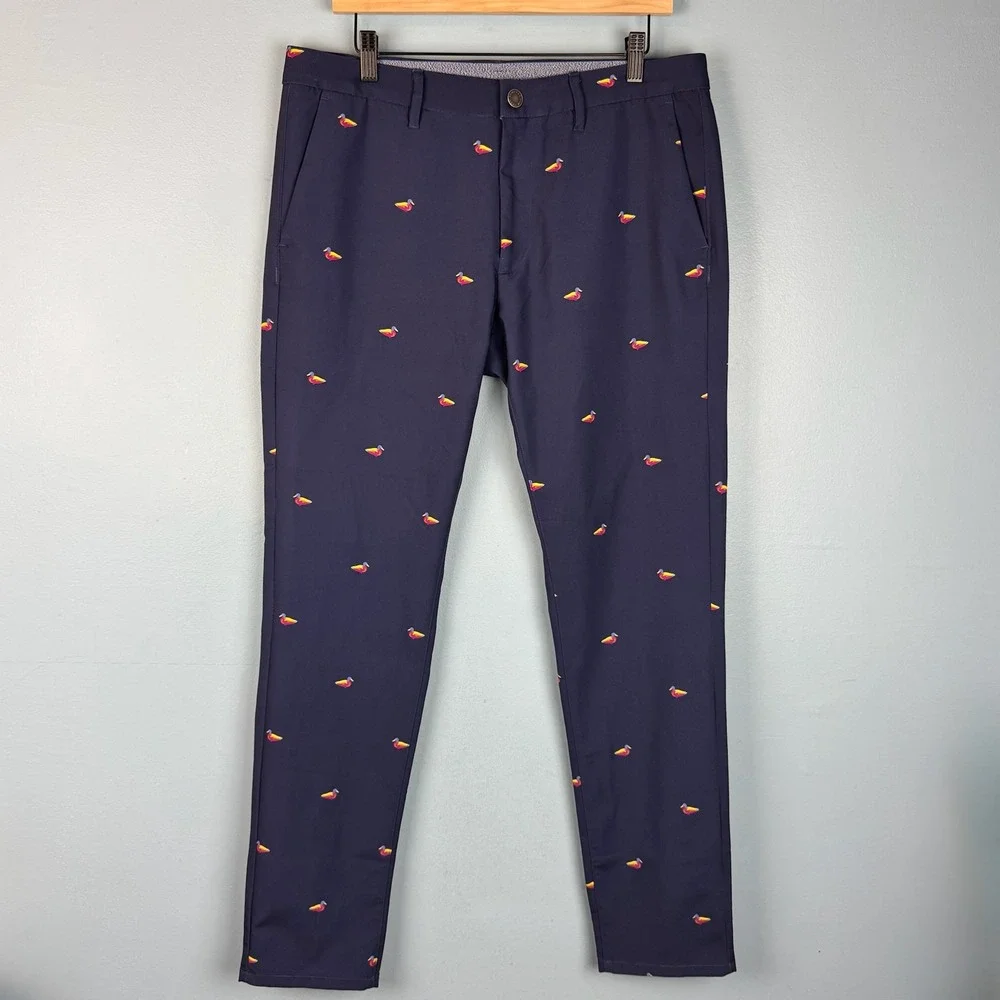 Bonobos Golf Men 33x31 Navy Blue Mallard Ducks Slim Taper Leg Performance Pants